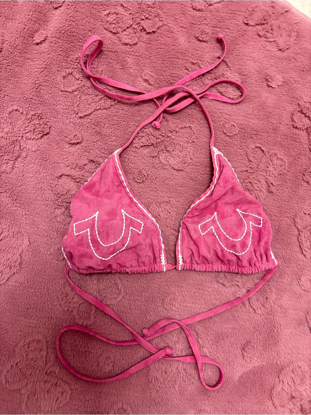 True Religion Pink Bikini Top with White Stitch Detail